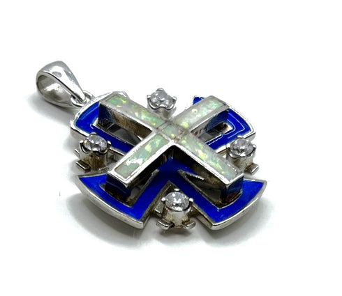 Sterling Silver Enamel with Opal Jerusalem Cross Pendant